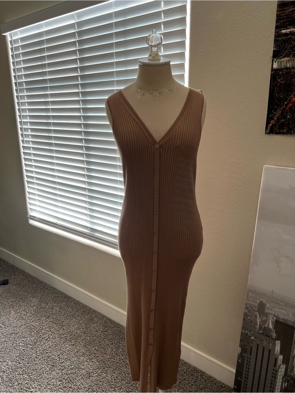 Calvin Klein Ribbed Button-Front Knit Dress in Taupe
